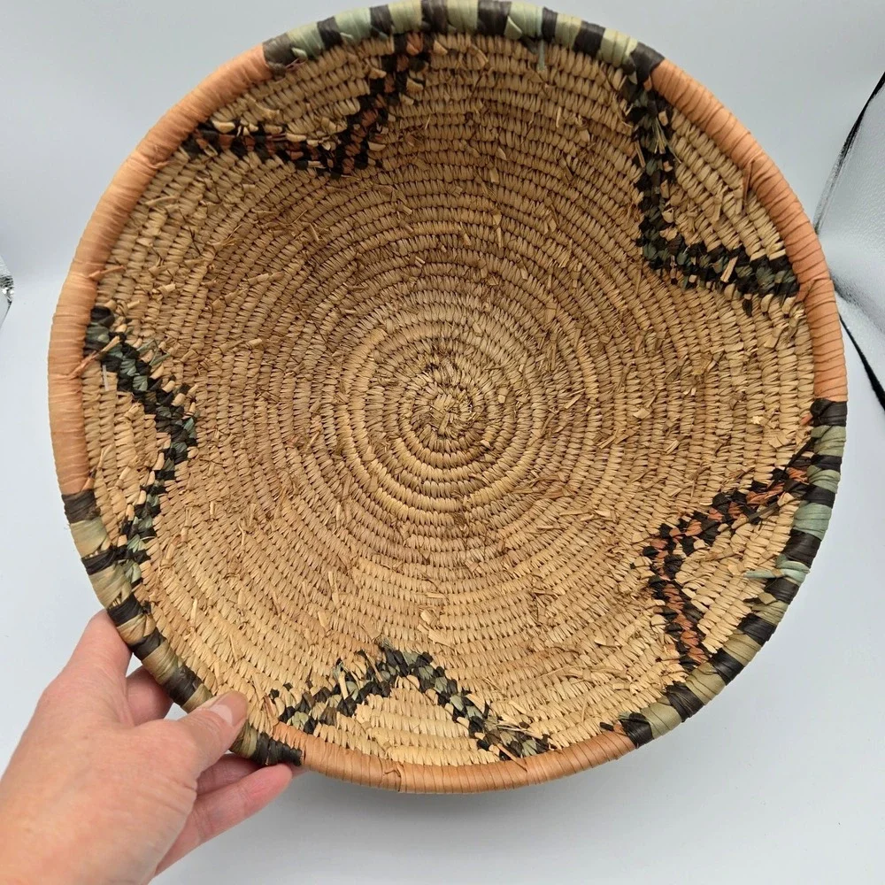 Southwestern Hand Woven Coil Basket Bowl Geometric Aztec 11" Wide 6" Tall Boho - Picture 5 of 16